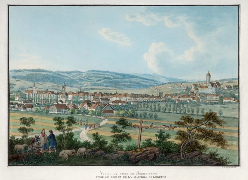 Vue de la Ville de Porrentruy, prise au dessus de la Chapelle de Lorette. Aquarelle de David-Aloïs Schmid vers 1850 (Photo: J. Bélat).