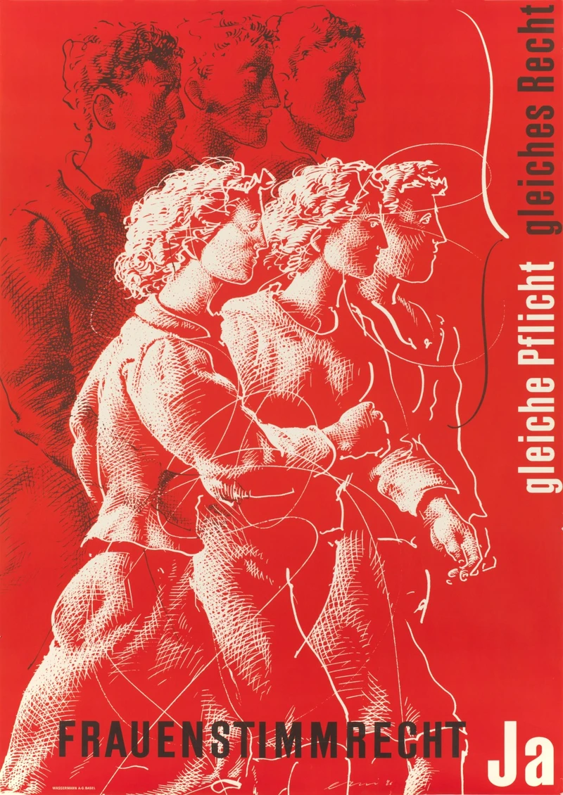 Gleiche Pflicht, gleiches Recht (Même devoir, même droit), affiche de Hans Erni, 1946, lithographie sur papier, 128 x 90 cm