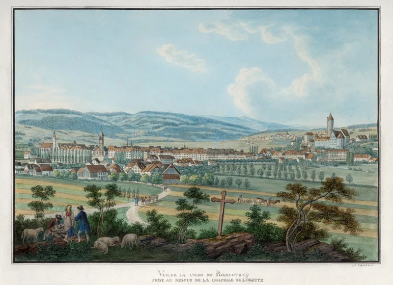 Extrait d'une copie de l'atlas parcellaire de la ville de Porrentruy de Jacquet et Laubscher (1752-1754), enrichi de l'état dans les années 1830-1850 environ. Encre de Chine et aquarelle, fin du 19e siècle (Photo: J. Bélat) .