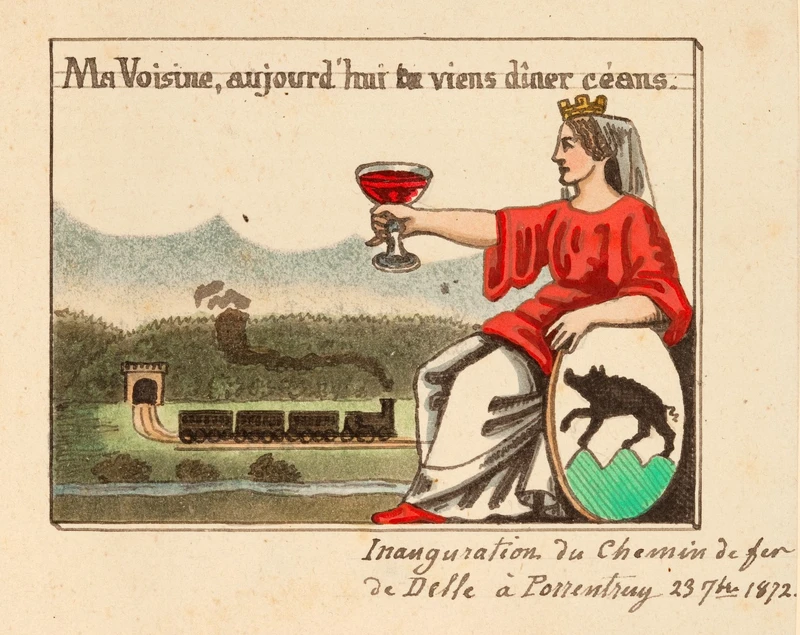 Achille Schirmer, Ma voisine, aujourd'hui tu viens dîner céans. Inauguration du Chemin de fer de Delle à Porrentruy 29 7bre 1872, 1872, aquarelle et encre de Chine sur papier, 9 x 11 cm