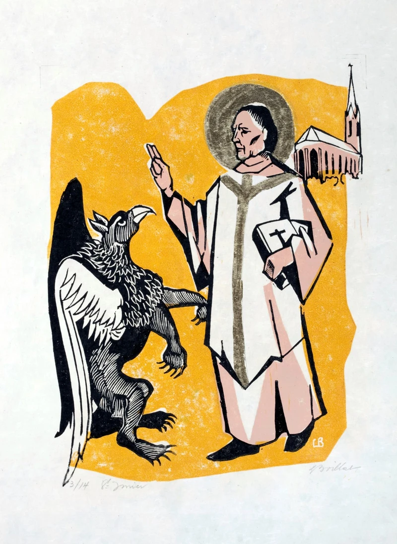 Saint Imier, extrait des "Images pour les Paroisses du Jura", 1955, coffret de 15 gravures sur bois et linogravures avec rehauts à la feuille d'or, ex. 3/14, 25 x 19 cm (Photo: J. Bélat).